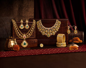 Gold jewelry displayed in a store in Delhi